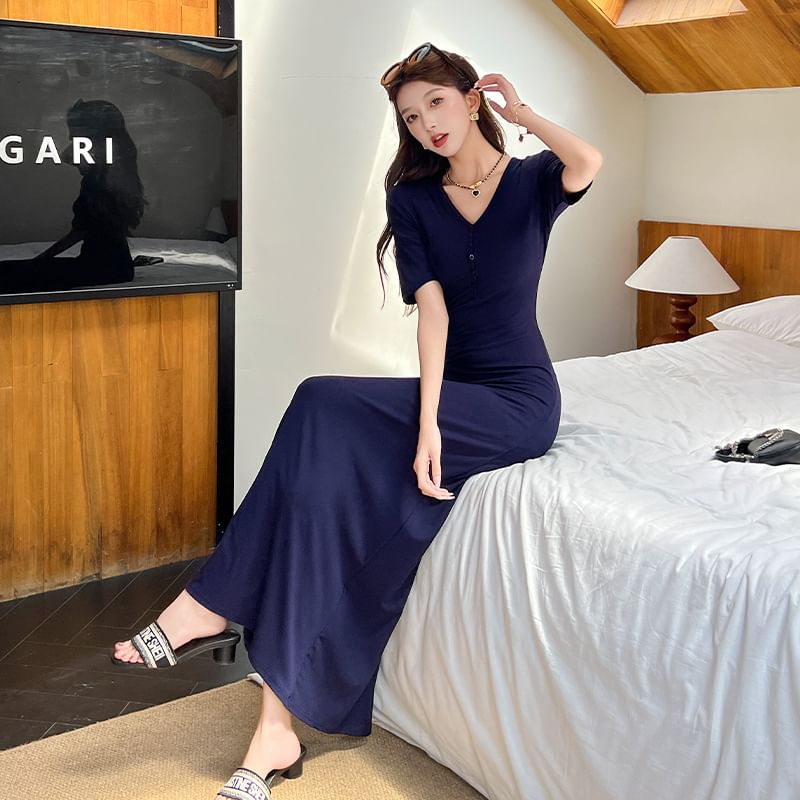 Short-Sleeve V-Neck Plain Maxi A-Line Dress