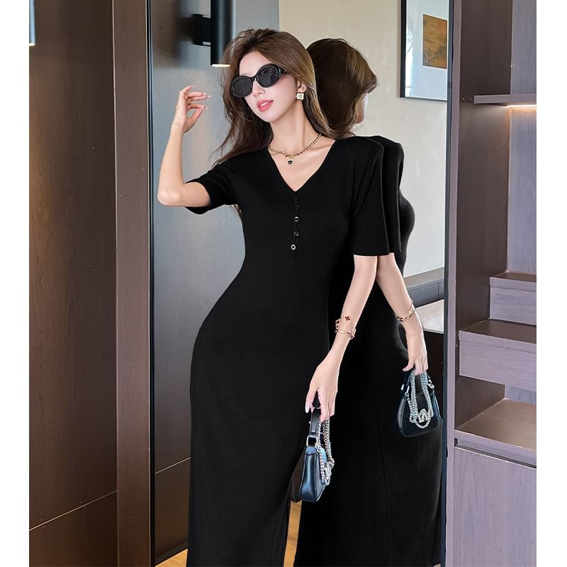 Short-Sleeve V-Neck Plain Maxi A-Line Dress