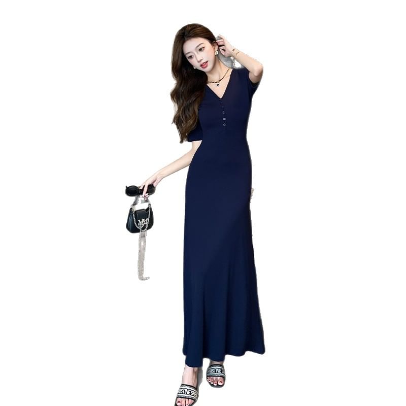 Short-Sleeve V-Neck Plain Maxi A-Line Dress