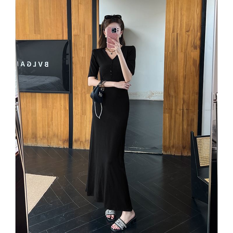 Short-Sleeve V-Neck Plain Maxi A-Line Dress
