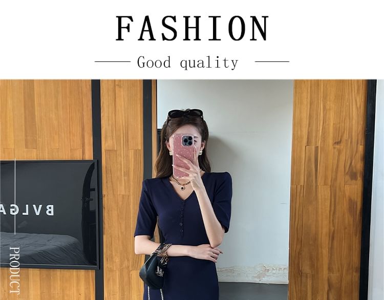 Short-Sleeve V-Neck Plain Maxi A-Line Dress