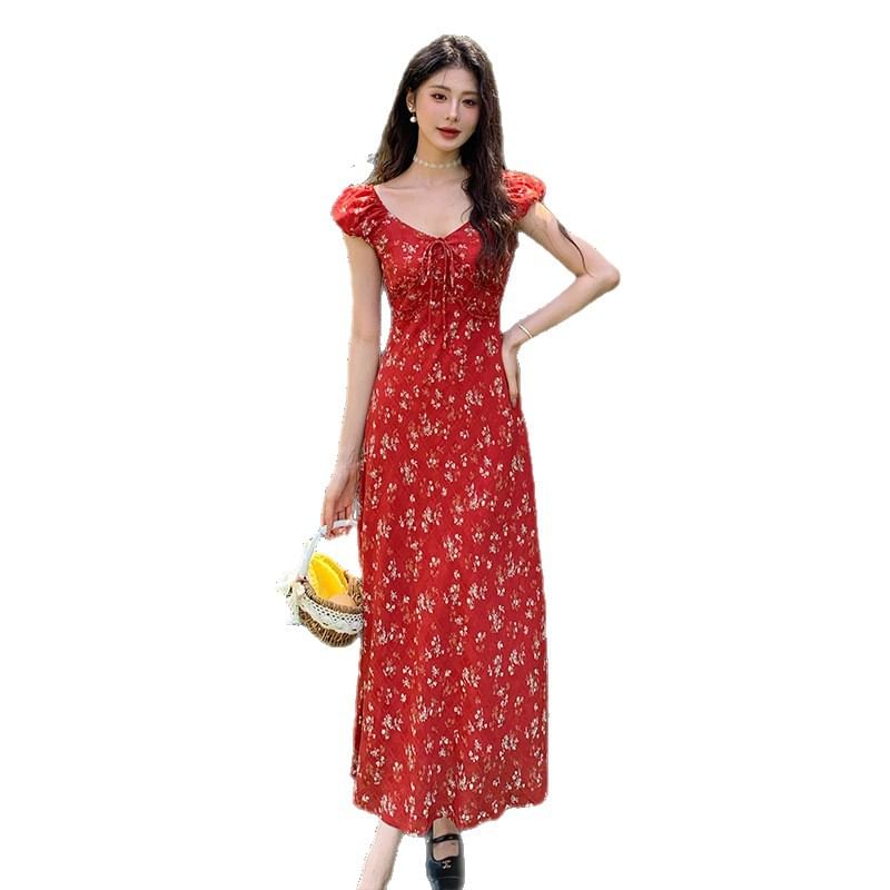 Short-Sleeve Scoop Neck Floral Maxi A-Line Dress