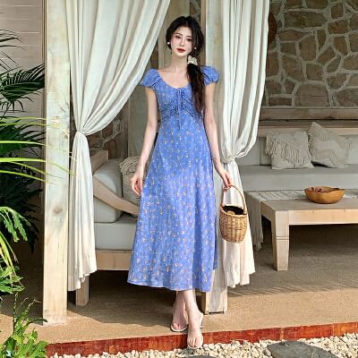 Short-Sleeve Scoop Neck Floral Maxi A-Line Dress
