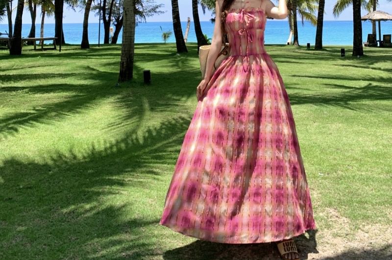 Spaghetti Strap Plaid Maxi A-Line Dress