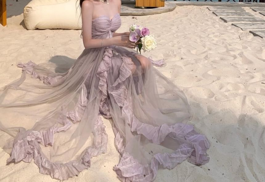 Spaghetti Strap Cutout Ruffle Mesh Maxi A-Line Dress