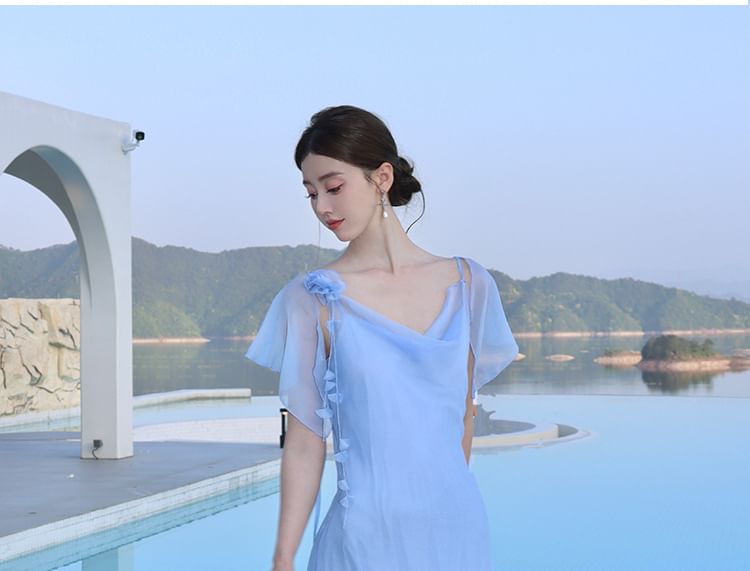 Short-Sleeve V-Neck Sheer Maxi A-Line Dress