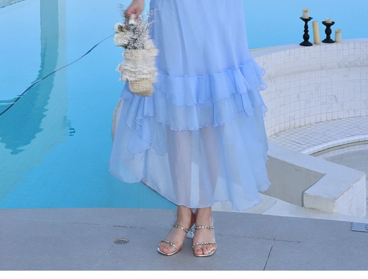 Short-Sleeve V-Neck Sheer Maxi A-Line Dress