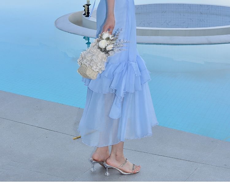 Short-Sleeve V-Neck Sheer Maxi A-Line Dress