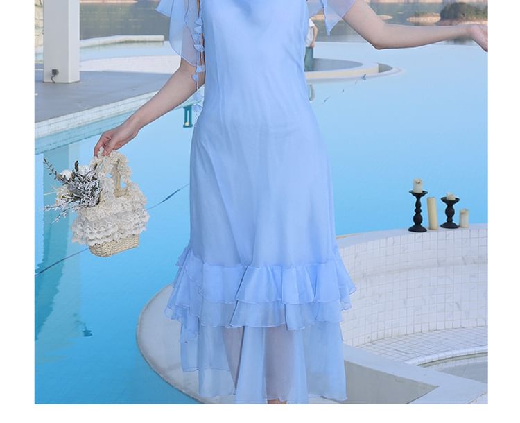 Short-Sleeve V-Neck Sheer Maxi A-Line Dress