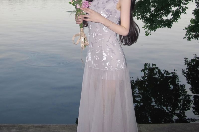 Sleeveless Crewneck Sheer Panel Maxi Sheath Dress