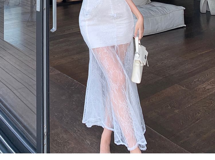 Sleeveless Asymmetrical Mesh Maxi Bodycon Dress