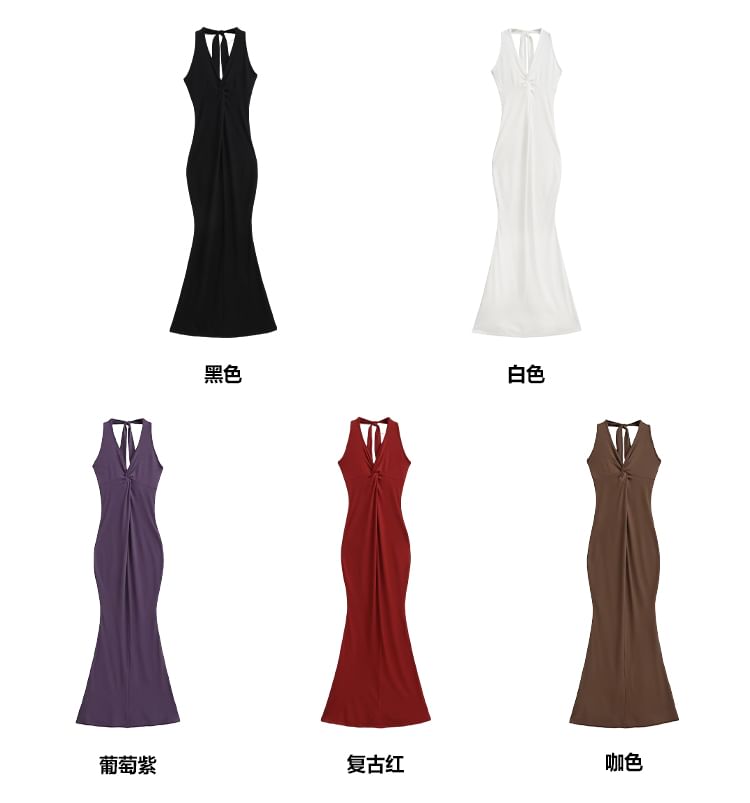 Halter Neck Plain Backless Maxi Bodycon Dress