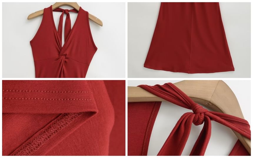 Halter Neck Plain Backless Maxi Bodycon Dress