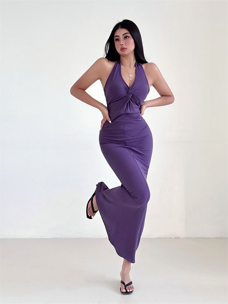 Halter Neck Plain Backless Maxi Bodycon Dress