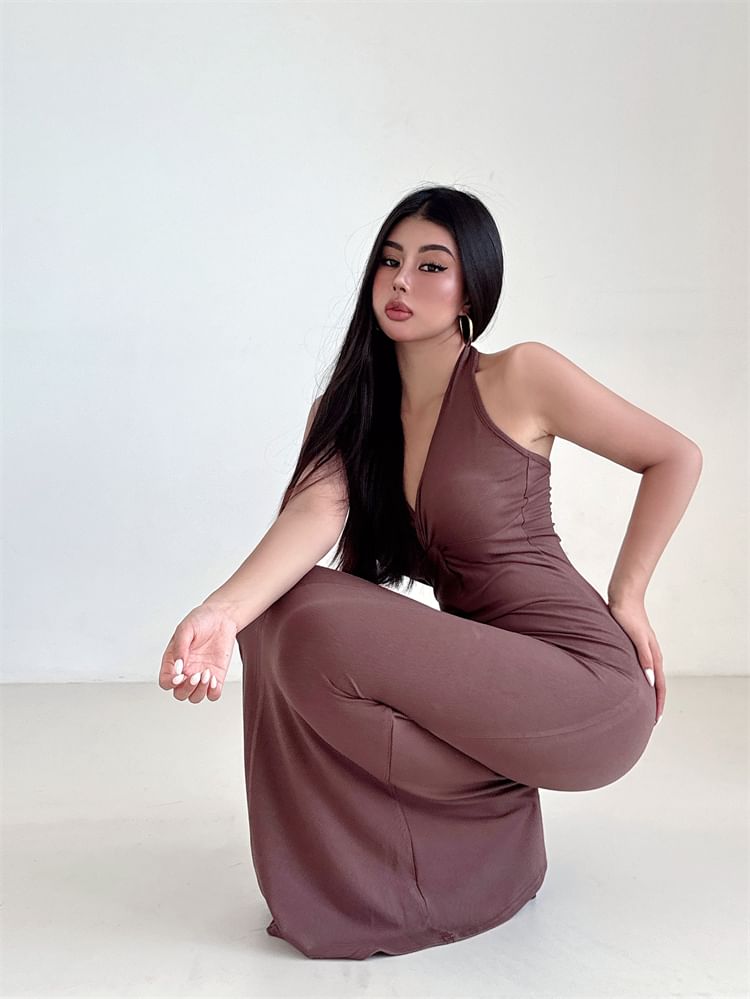 Halter Neck Plain Backless Maxi Bodycon Dress