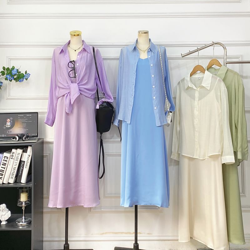 Set: Spaghetti Strap Plain Midi A-Line Dress + Button-Up Shirt