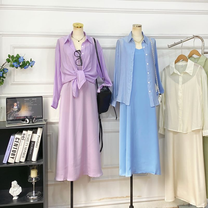 Set: Spaghetti Strap Plain Midi A-Line Dress + Button-Up Shirt