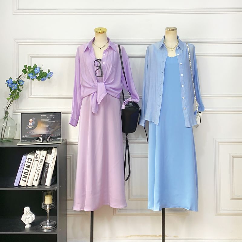 Set: Spaghetti Strap Plain Midi A-Line Dress + Button-Up Shirt
