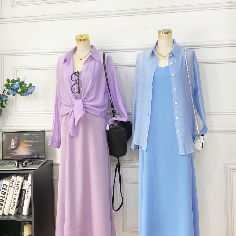 Set: Spaghetti Strap Plain Midi A-Line Dress + Button-Up Shirt