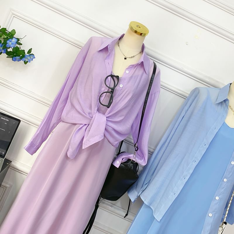 Set: Spaghetti Strap Plain Midi A-Line Dress + Button-Up Shirt