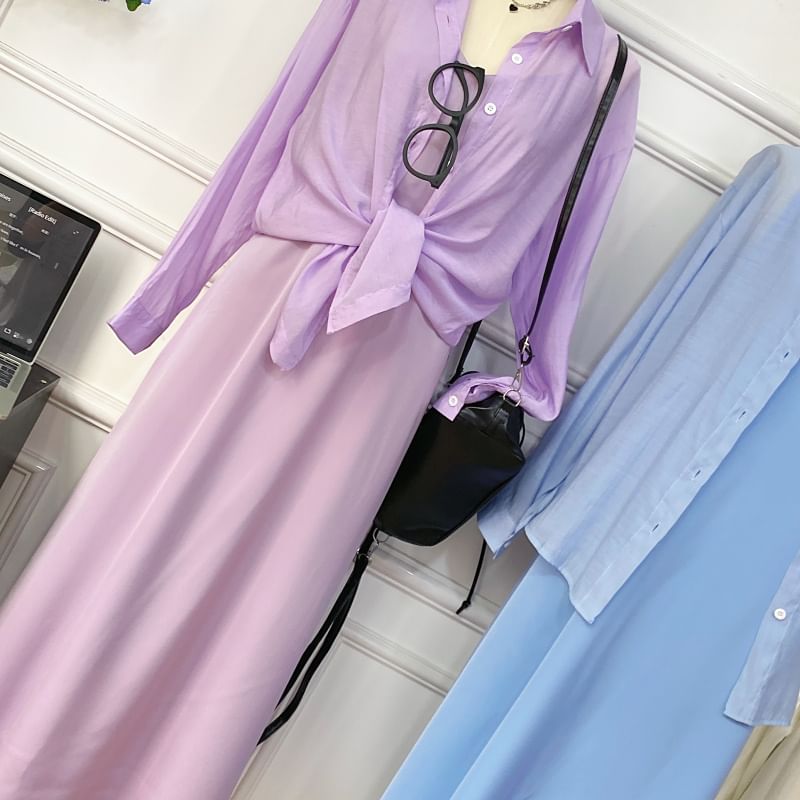Set: Spaghetti Strap Plain Midi A-Line Dress + Button-Up Shirt