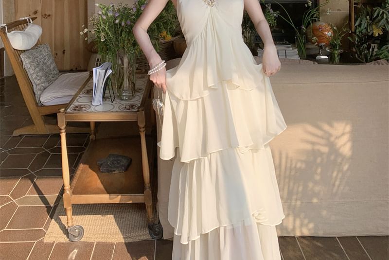 Spaghetti Strap Tiered Panel Maxi A-Line Dress