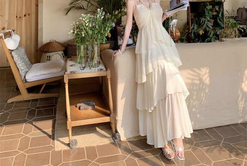 Spaghetti Strap Tiered Panel Maxi A-Line Dress