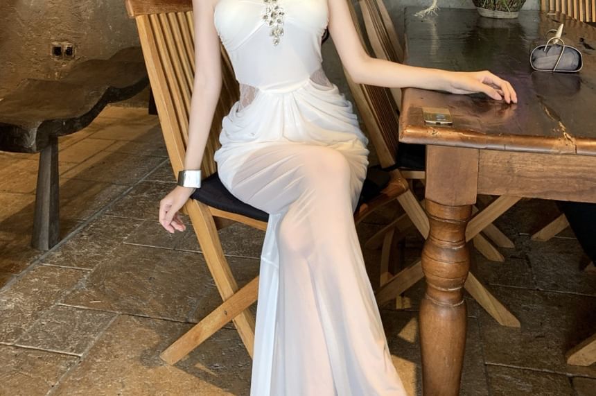 Sleeveless V-Neck Plain Rhinestone Panel Mesh Maxi Sheath Dress
