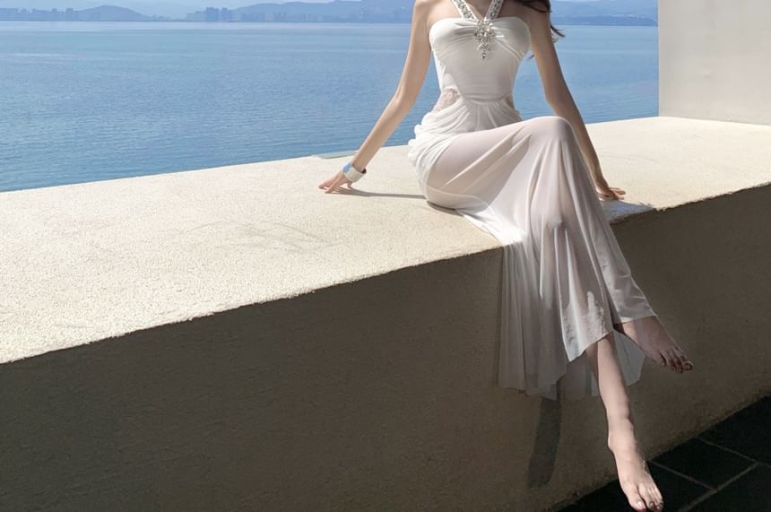 Sleeveless V-Neck Plain Rhinestone Panel Mesh Maxi Sheath Dress