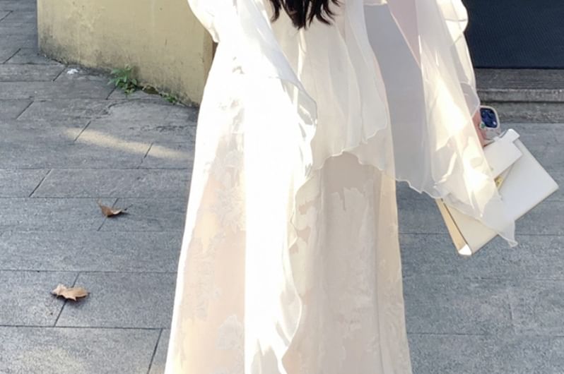 Spaghetti Strap Cowl Neck Jacquard Maxi A-Line Dress / Plain Sheer Shawl