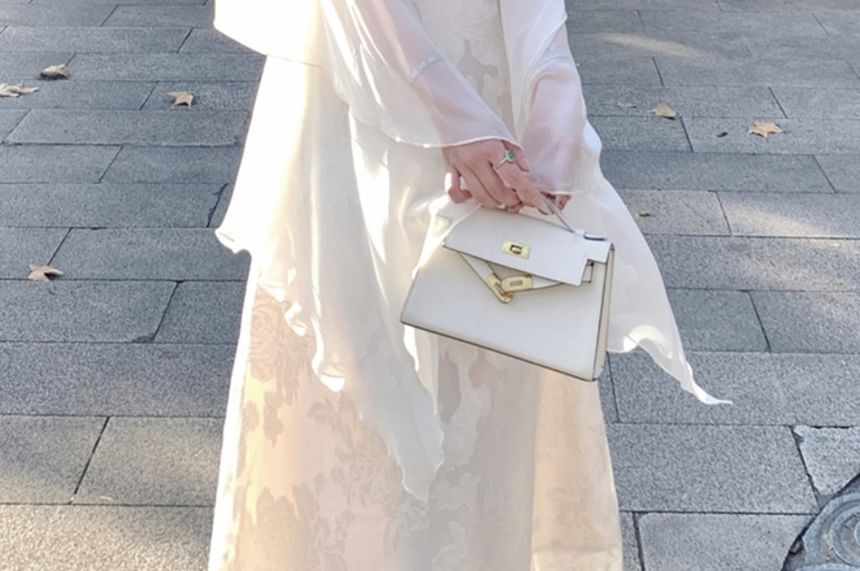 Spaghetti Strap Cowl Neck Jacquard Maxi A-Line Dress / Plain Sheer Shawl