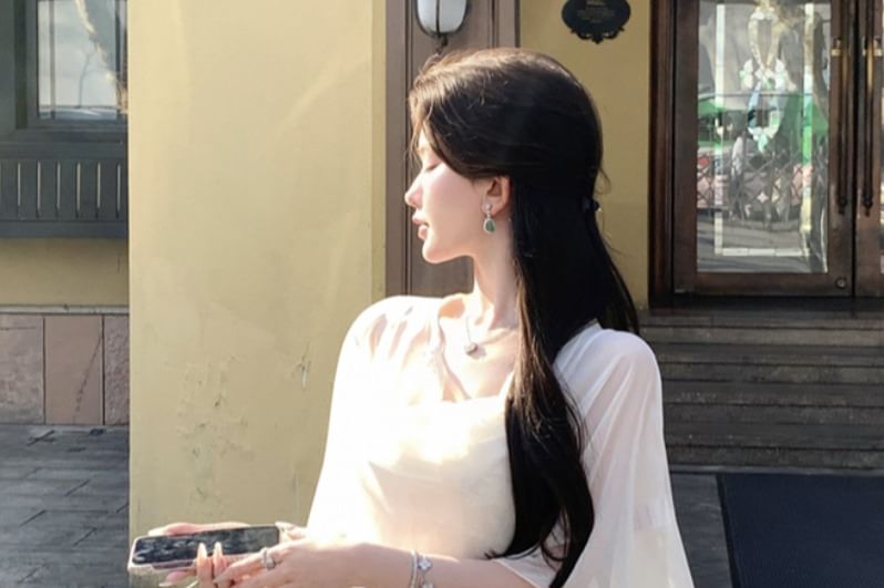 Spaghetti Strap Cowl Neck Jacquard Maxi A-Line Dress / Plain Sheer Shawl