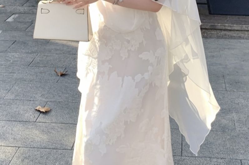 Spaghetti Strap Cowl Neck Jacquard Maxi A-Line Dress / Plain Sheer Shawl