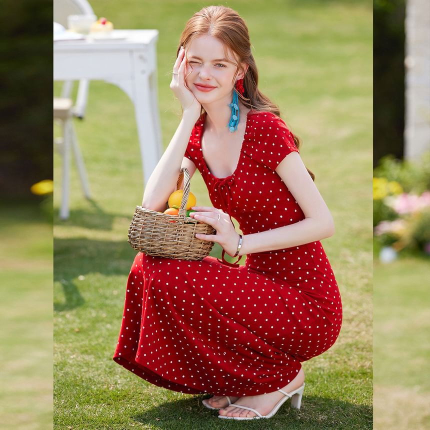 Short-Sleeve U-Neck Dotted Maxi A-Line Dress