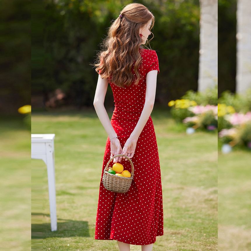 Short-Sleeve U-Neck Dotted Maxi A-Line Dress