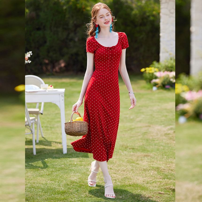 Short-Sleeve U-Neck Dotted Maxi A-Line Dress