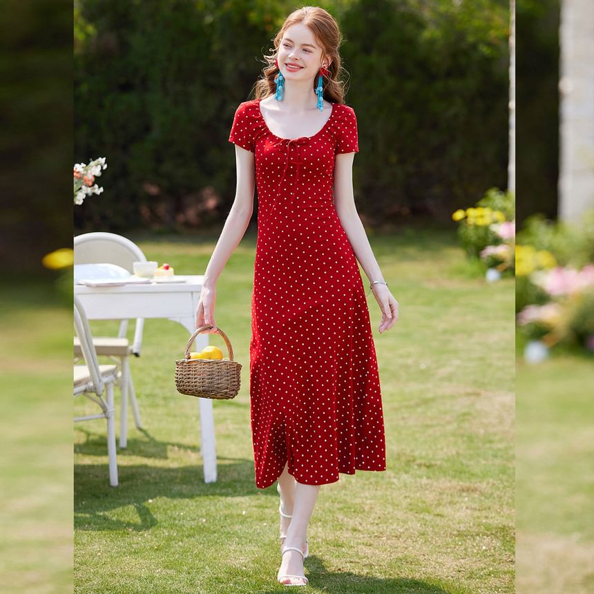Short-Sleeve U-Neck Dotted Maxi A-Line Dress