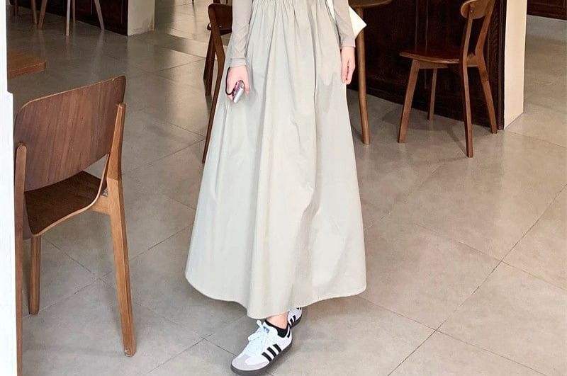 Long Sleeve Square Neck Plain Maxi A-Line Dress