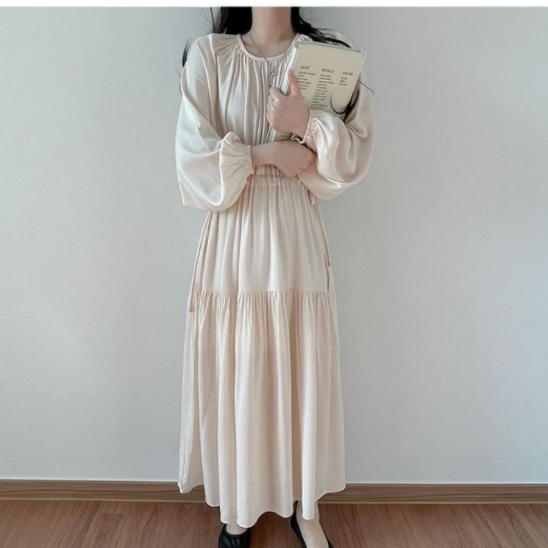 Puff-Sleeve Round Neck Plain Maxi Smock Dress