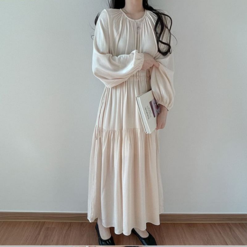 Puff-Sleeve Round Neck Plain Maxi Smock Dress