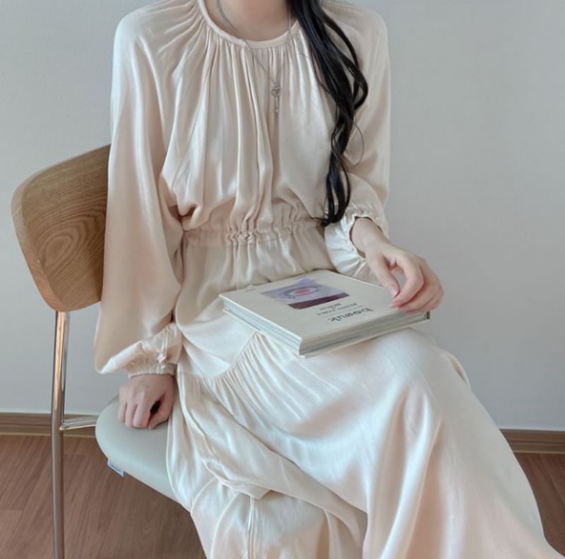 Puff-Sleeve Round Neck Plain Maxi Smock Dress