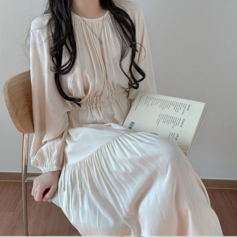 Puff-Sleeve Round Neck Plain Maxi Smock Dress