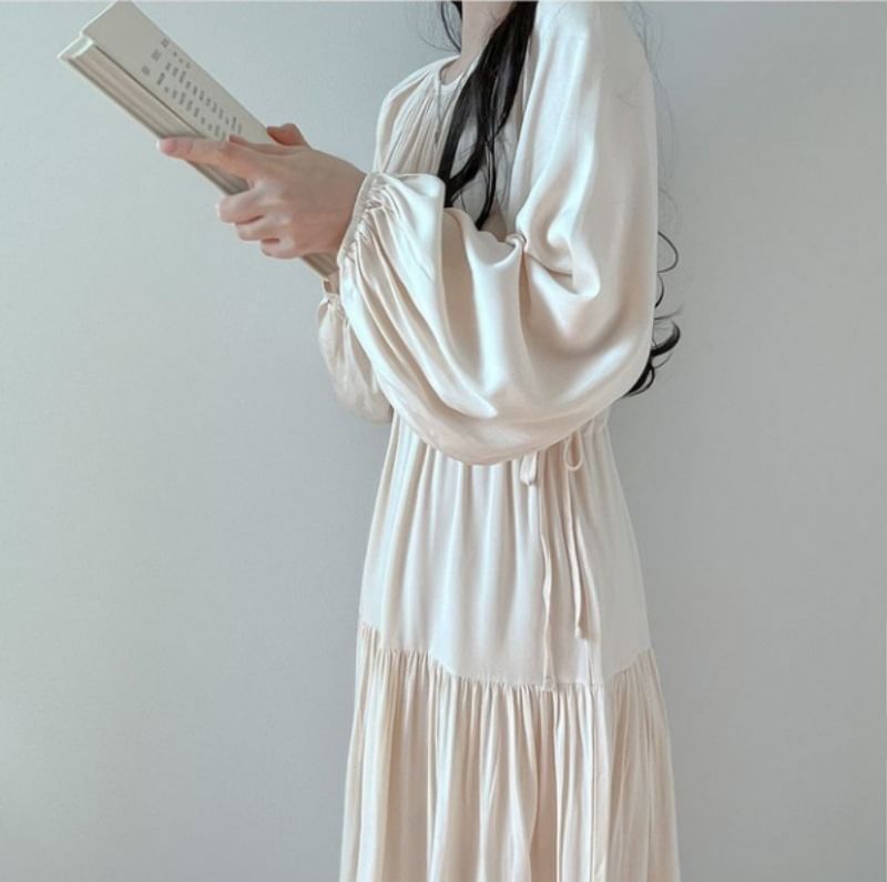 Puff-Sleeve Round Neck Plain Maxi Smock Dress