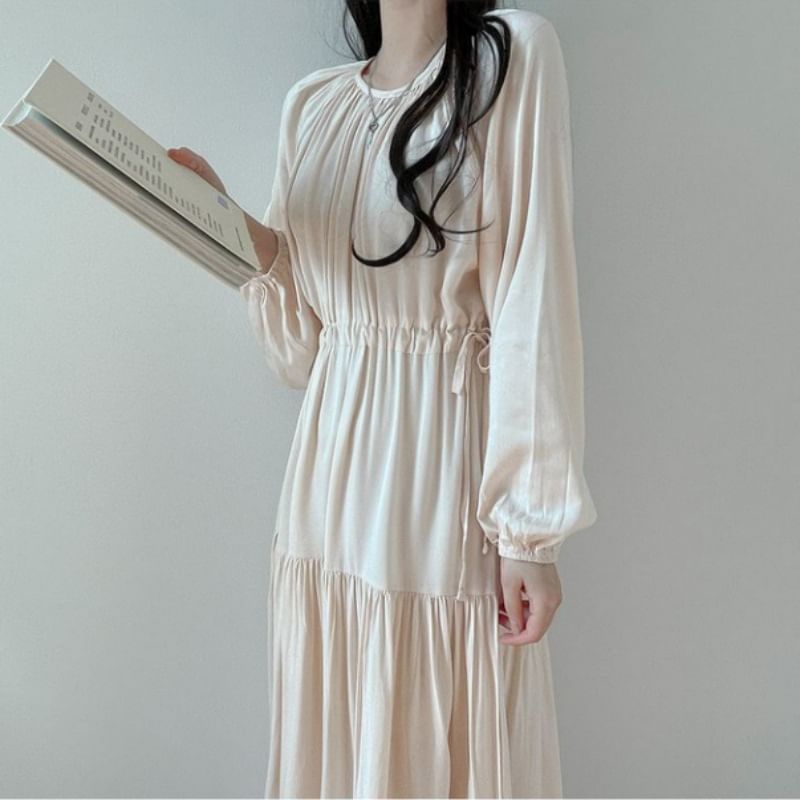 Puff-Sleeve Round Neck Plain Maxi Smock Dress