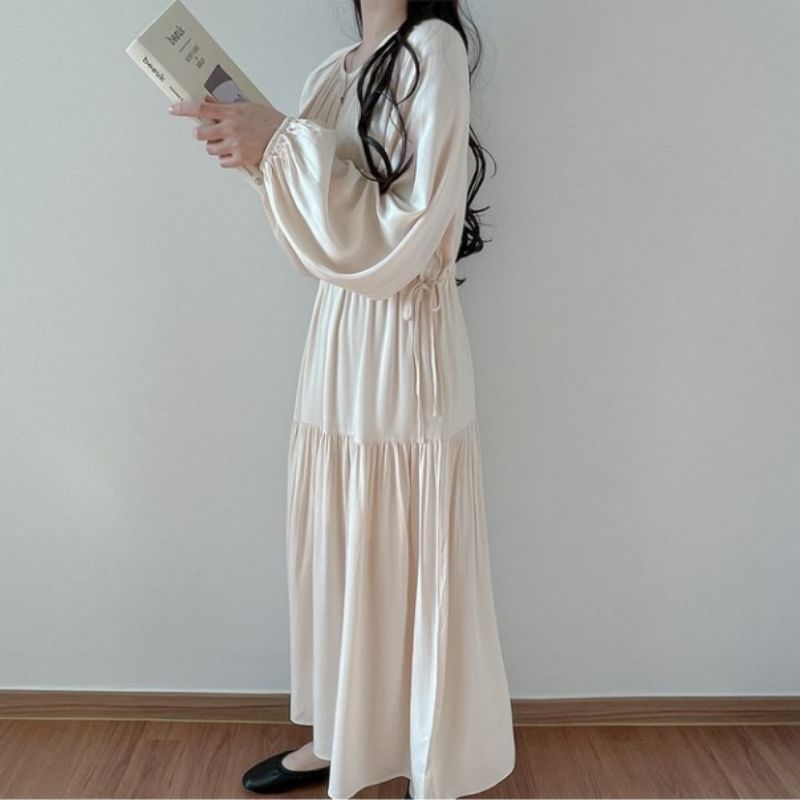 Puff-Sleeve Round Neck Plain Maxi Smock Dress