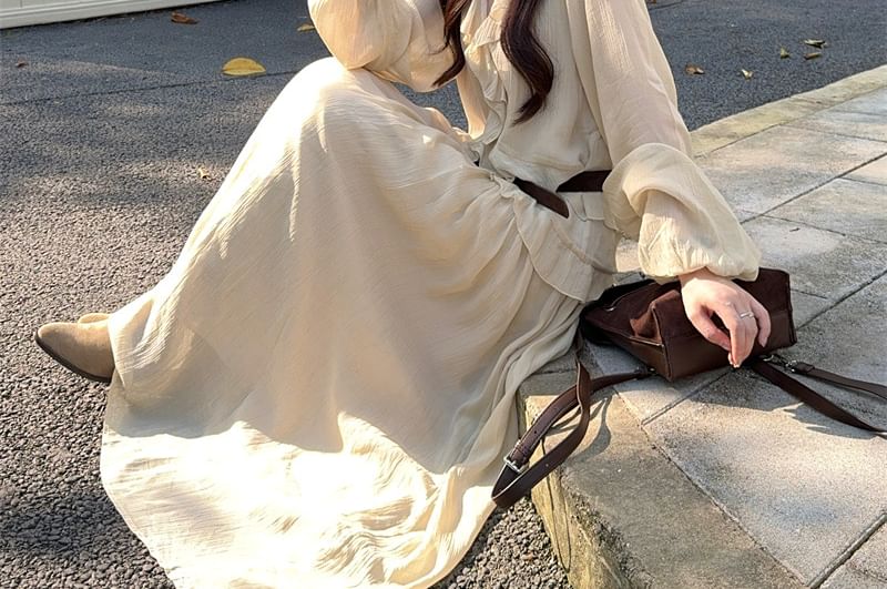 Long-Sleeve V-Neck Plain Ruffle Trim Maxi A-Line Dress