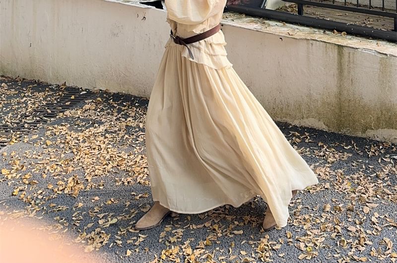 Long-Sleeve V-Neck Plain Ruffle Trim Maxi A-Line Dress