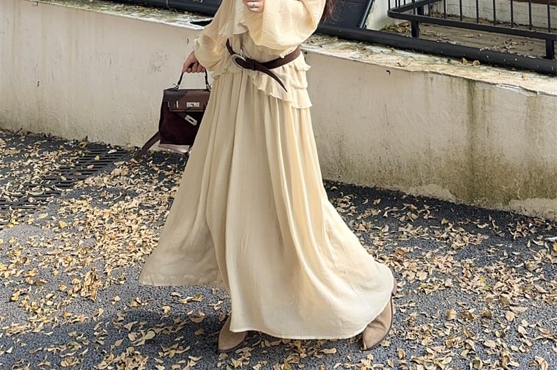 Long-Sleeve V-Neck Plain Ruffle Trim Maxi A-Line Dress