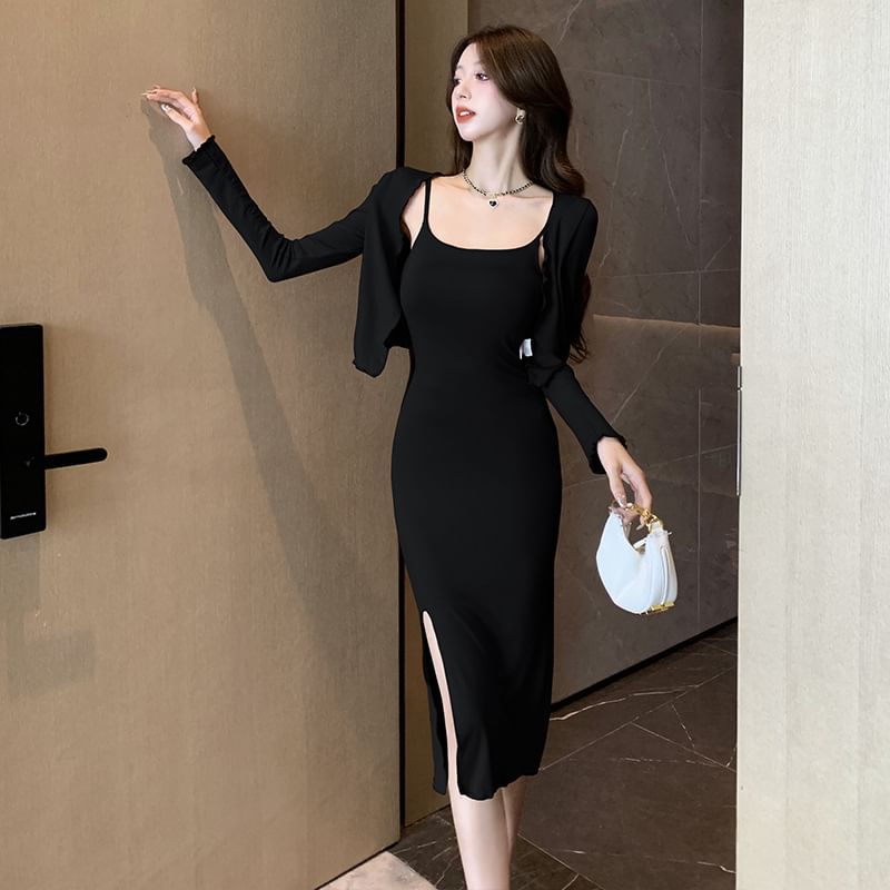 Set: Spaghetti Strap Scoop Neck Plain Slit Midi Bodycon Dress + Lettuce Edge Open Front Crop Cardigan – Sukikawaii