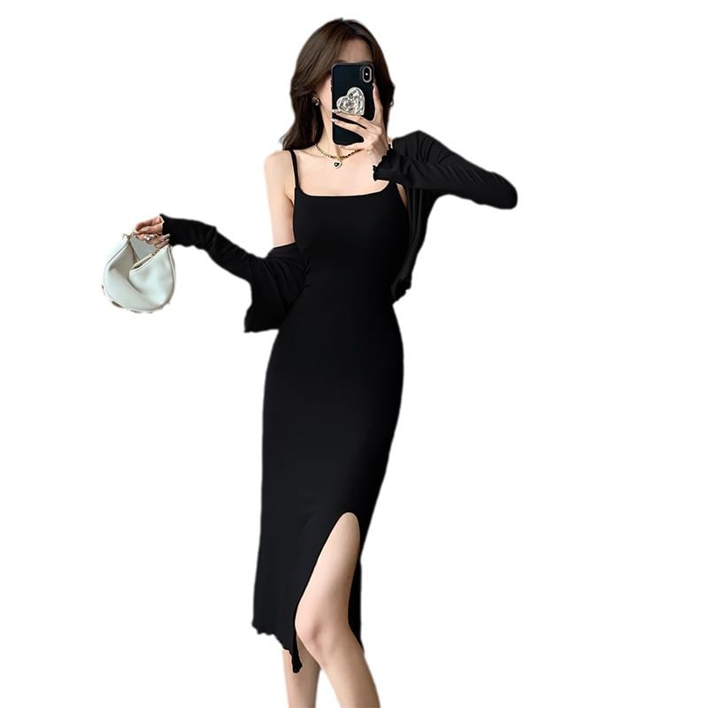 Set: Spaghetti Strap Scoop Neck Plain Slit Midi Bodycon Dress + Lettuce Edge Open Front Crop Cardigan